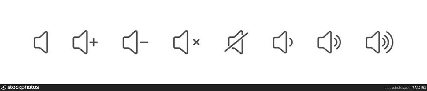 Volume icon. Sound controls. A set of symbols for the volume and control interface. Empty outline, flat style.