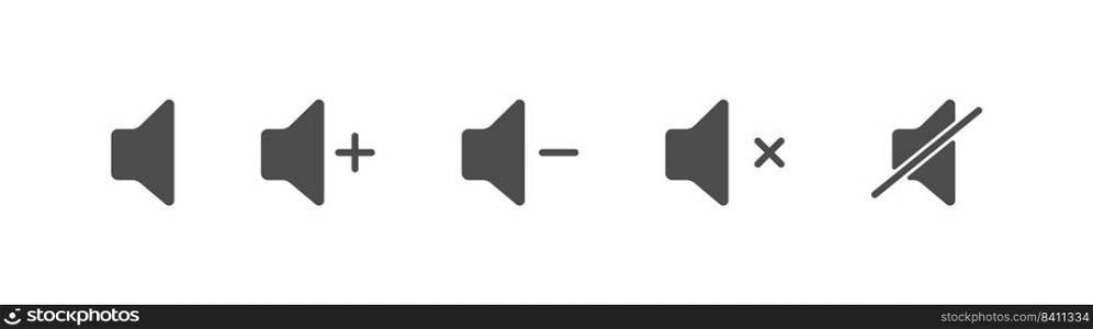 Volume icon. Sound controls. A set of symbols for the volume and control interface. Filled silhouette, flat style.