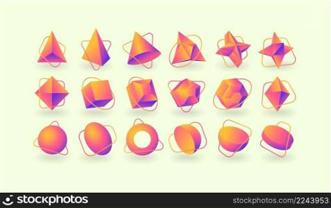 Volumetric color gradient shapes brochure element design set. Vector illustration with empty copy space for text. Editable shapes for poster decoration. Creative and customizable frame bundle. Volumetric color gradient shapes brochure element design set