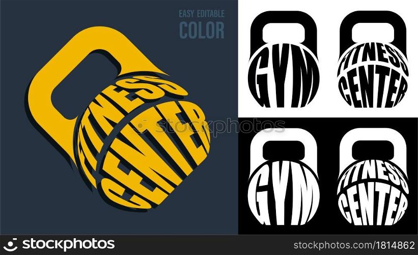 Volumetric letters with FITNESS CENTER name on backdrop of round kettlebell for sport. Element for print and design of sports competitions. Isolated vector
