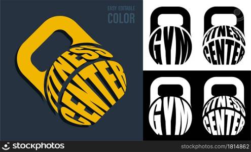 Volumetric letters with FITNESS CENTER name on backdrop of round kettlebell for sport. Element for print and design of sports competitions. Isolated vector
