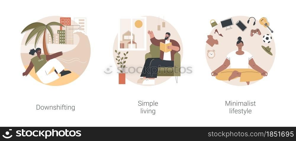 Voluntary lifestyle abstract concept vector illustration set. Downshifting, simple living, minimalist lifestyle, escape, find balance, reduce consumption and buying, low expenses abstract metaphor.. Voluntary lifestyle abstract concept vector illustrations.