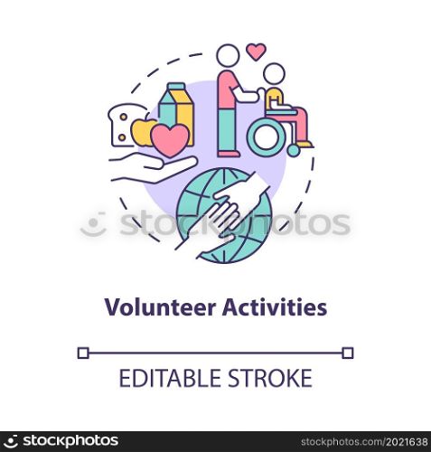 Volunteer activities concept icon. Charity participation in community. Support engagement abstract idea thin line illustration. Vector isolated outline color drawing. Editable stroke. Volunteer activities concept icon