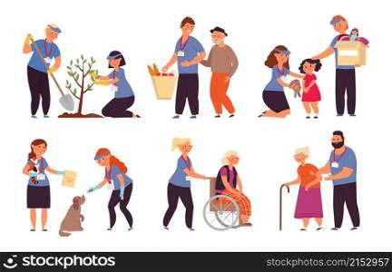 Volunteer care. Old people nurse, isolated young human helping senior. Volunteers service, helpful person and nursing for elderly vector set. Illustration senior elderly, volunteer person female male. Volunteer care. Old people nurse, isolated young human helping senior. Volunteers service, helpful person and nursing for elderly decent vector set