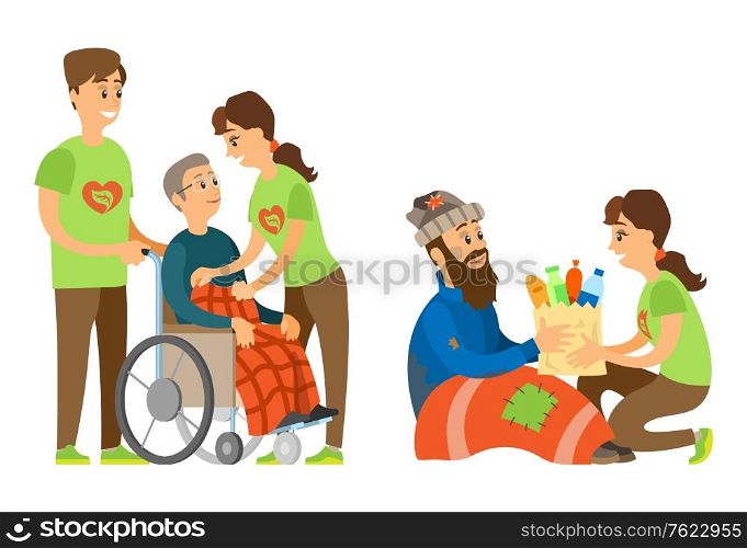 Volunteer caring of old man sitting in wheelchair, woman activist giving products to unemployed, volunteering to destitute and handicapped, help vector. Handicapped and Vagrant, Social Caring Vector