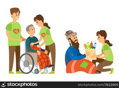 Volunteer caring of old man sitting in wheelchair, woman activist giving products to unemployed, volunteering to destitute and handicapped, help vector. Handicapped and Vagrant, Social Caring Vector