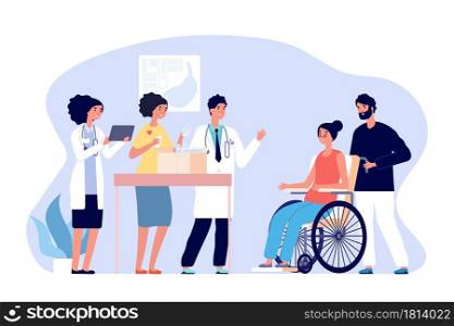 Volunteer doctors. Medical humanitarian aid, donations drugs for patients. Medical team gift medicines for disabled woman vector concept. Illustration support and donation, box charity. Volunteer doctors. Medical humanitarian aid, donations drugs for patients. Medical team gift medicines for disabled woman vector concept