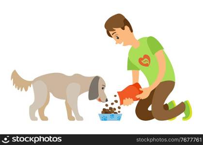Volunteer feeding homeless dog by dry food vector isolated cartoon style man and hungry puppy. Help to animal, pet in veterinary center or charity organization. Volunteer Feeding Homeless Dog by Dry Food Vector