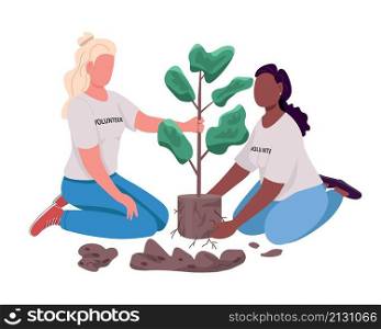 Volunteer girls caring for plant semi flat color vector characters. Active figures. Full body people on white. Friends isolated modern cartoon style illustration for graphic design and animation. Volunteer girls caring for plant semi flat color vector characters