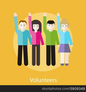 Volunteer group raising hands against. Concept in flat design style. Can be used for web banners, marketing and promotional materials, presentation templates