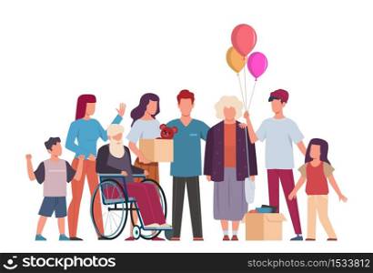 Volunteer group. Volunteering and supporting people, community helping and taking care about handicapped, support old and sick, give food and clothes vector charity concept. Volunteer group. Volunteering and supporting people, community helping and taking care about handicapped, vector charity concept