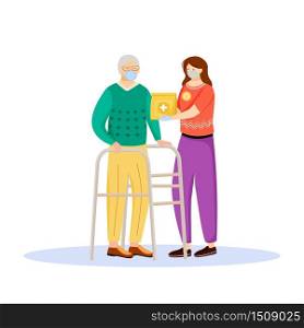 Volunteer help flat color vector faceless character. Woman deliver medical supplies. Elder man. Quarantine help for senior people isolated cartoon illustration for web graphic design and animation
