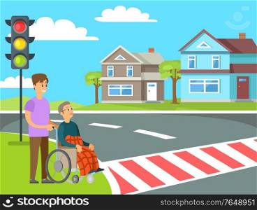 Volunteer helping granny in wheelchair unable to walk to cross street on crosswalk or pedestrian crossing. Vector person helps to old woman, charity volunteering. Volunteer Help Granny in Wheelchair Unable to Walk