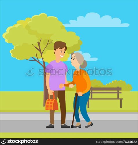 Volunteer helping granny to carry bag in green park with trees and bench. Person helps to old woman, charity volunteering organization. Vector illustration in flat cartoon style. Volunteer Helping Old Granny to Carry Bag in Park