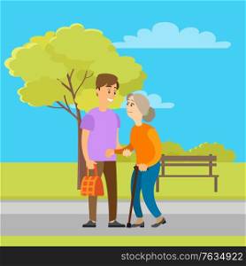Volunteer helping granny to carry bag in green park with trees and bench. Person helps to old woman, charity volunteering organization. Vector illustration in flat cartoon style. Volunteer Helping Old Granny to Carry Bag in Park