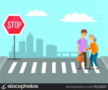 Volunteer helping granny to cross road on pedestrian crossing or crosswalk. Man carries old woman bag Vector cartoon person helps in charity volunteering. Volunteer Helps Granny to Cross Road on Pedestrian
