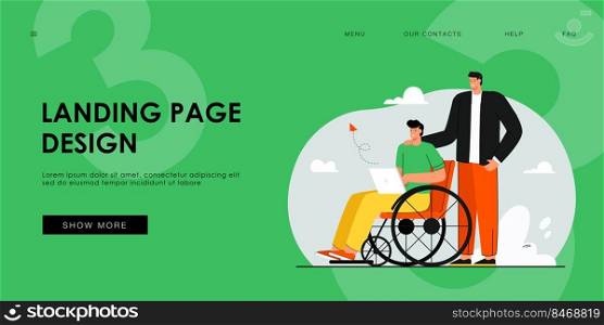 Volunteer helping man in wheelchair flat vector illustration. Disabled person using laptop and social media. Help, inclusion, accessibility concept for banner, website design or landing web page
