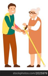 Volunteer helping old woman with walking stick. Social support for seniors. Vector illustration. Volunteer helping old woman with walking stick. Social support for seniors