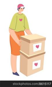 Volunteer helping to collect and gather needed items for donation and charity fund. Isolated person with boxes of clothes, food or medical products for people. Vector in flat style illustration. Man collecting goods for charity and donation