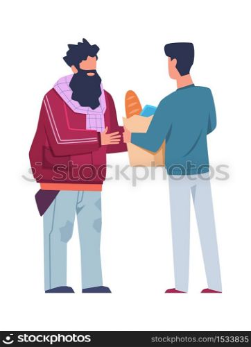 Volunteer helps homeless. Man donates food to poor unemployed citizen, stands giving food pack to hunger character, donations and charity concept, flat cartoon isolated illustration. Volunteer helps homeless. Man donates food to poor citizen, stands giving food pack to hunger character, donations and charity concept, flat cartoon illustration