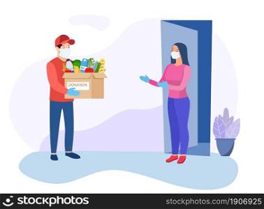 Volunteer holding a donation box with food, awareness and charity concept. Vector illustration in flat style. courier character delivery service icon