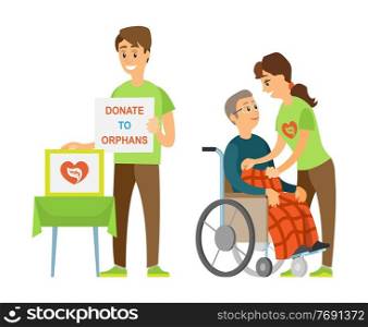 Volunteer holding poster donate to orphans, assistant straightening blanket on disabled, man sitting on wheelchair, people volunteering, activists vector. People Caring Disabled, Donating to Orphans Vector