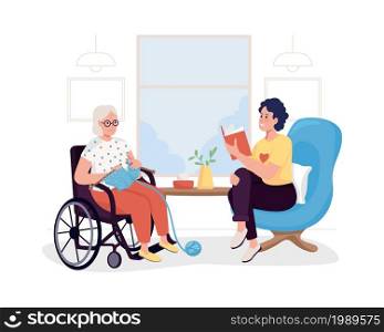 Volunteer in nursing home 2D vector isolated illustration. Girl read to grandma. Elderly and younger woman sit together indoors flat characters on cartoon background. Charity work colourful scene. Volunteer in nursing home 2D vector isolated illustration