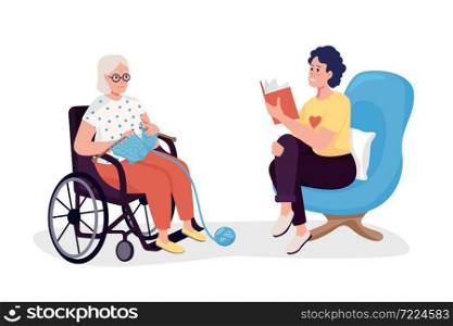 Volunteer in nursing house semi flat color vector characters. Posing figures. Full body people on white. Social work isolated modern cartoon style illustration for graphic design and animation. Volunteer in nursing house semi flat color vector characters