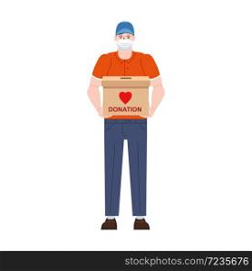 Volunteer man character in medical protective mask with donation box. Volunteer man character in medical protective mask with donation box. Social care and charity concept illustration. Vector isolated flat cartoon style