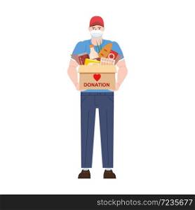 Volunteer man character with donation food box. Volunteer man character with donation food box in medical protective mask with package box. Delivery during quarantine pandemic coronovirus COVID-19. Social care and charity concept illustration. Vector isolated flat cartoon style
