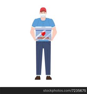 Volunteer man character with donation money box. Volunteer man character with donation money box in medical protective mask with package box. Delivery during quarantine pandemic coronovirus COVID-19. Social care and charity concept illustration. Vector isolated flat cartoon style