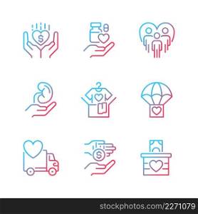 Volunteer opportunities gradient linear vector icons set. Monetary donation. Social responsibility. Humanitarian aid. Thin line contour symbol designs bundle. Isolated outline illustrations collection. Volunteer opportunities gradient linear vector icons set