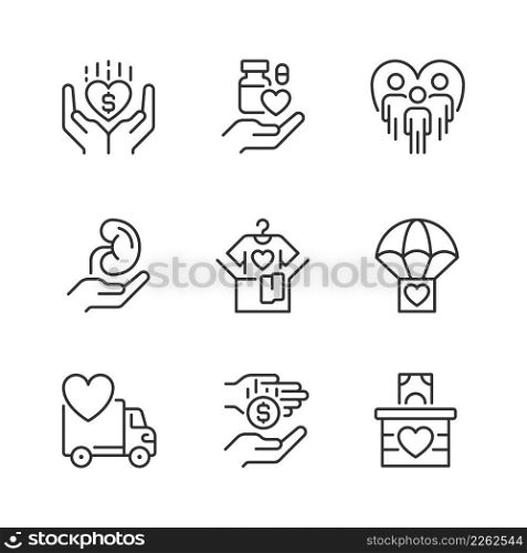 Volunteer opportunities pixel perfect linear icons set. Monetary donation. Social responsibility. Customizable thin line symbols. Isolated vector outline illustrations. Editable stroke. Volunteer opportunities pixel perfect linear icons set