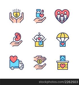 Volunteer opportunities pixel perfect RGB color icons set. Monetary donation. Social responsibility. Isolated vector illustrations. Simple filled line drawings collection. Editable stroke. Volunteer opportunities pixel perfect RGB color icons set