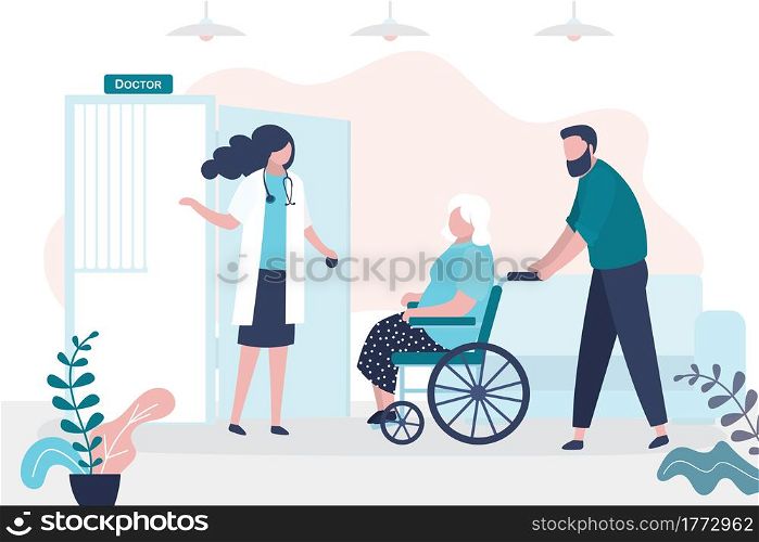 Volunteer or son brought grandmother on wheelchair to doctor appointment. Concept of medical service and geriatric care. Sick elderly person. Hospital visit and healthcare. Flat vector illustration. Volunteer or son brought grandmother on wheelchair to doctor appointment. Concept of medical service and geriatric care