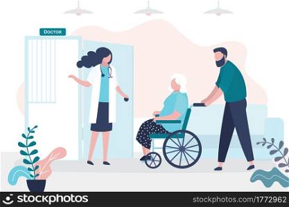Volunteer or son brought grandmother on wheelchair to doctor appointment. Concept of medical service and geriatric care. Sick elderly person. Hospital visit and healthcare. Flat vector illustration. Volunteer or son brought grandmother on wheelchair to doctor appointment. Concept of medical service and geriatric care
