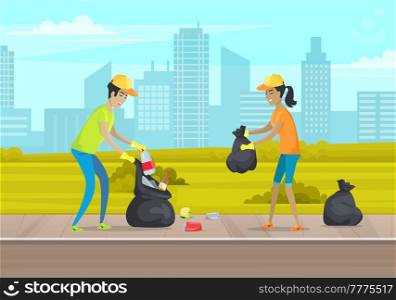 Volunteer people are cleaning territory in metropolis. Man and woman volunteering collect garbage and waste on contaminated areas. Characters throwing trash. Guys remove plastic and paper in city park. Volunteer people clean territory in metropolis, collect garbage and waste on contaminated areas