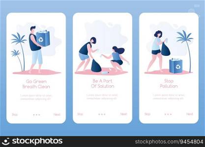 Volunteer people cleaning garbage on beach area. Volunteering, man and women collecting trash. Three banners template for mobile application. Trendy style vector illustration