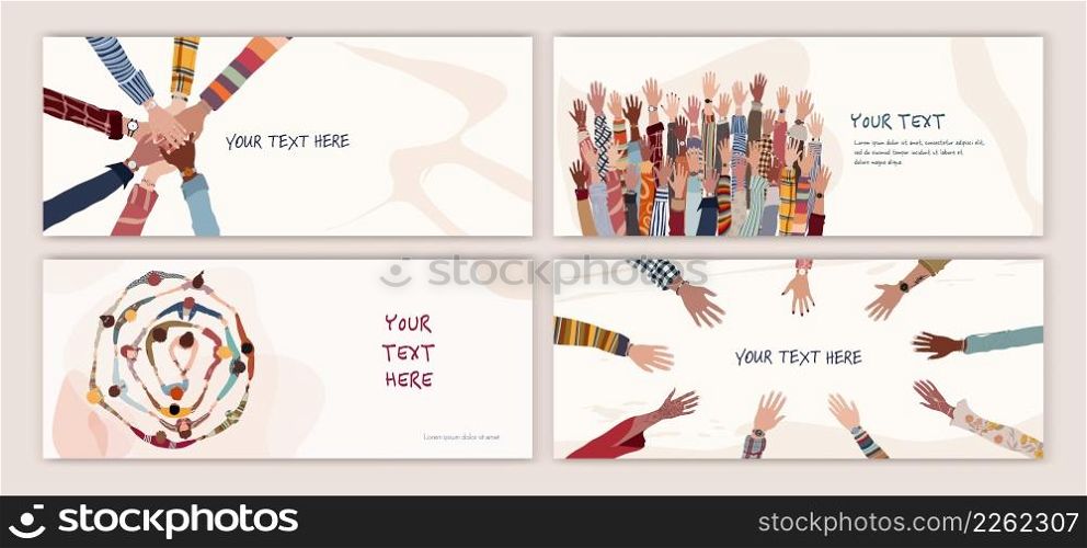 Volunteer people group concept banner - cover - poster editable template. Raised arms and hands of multiethnic people. Multicultural people holding hands. Hands in a circle. Team concept