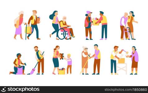Volunteer people. Helping old people, disabled, disadvantaged, caring characters, kids charity, garbage collection and food drive service community vector set. Volunteer people. Helping old people, disabled, disadvantaged, caring characters, kids charity, garbage collection, food drive, vector set
