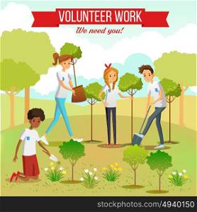 Volunteer Planting Trees In The Park. Gardening and planting seedlings in the park by volunteer boys and girls group flat vector illustration