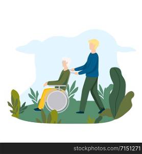 Volunteer pushing wheelchair with disabled old man. Nursing Home. Invalids care. Disabled help. Flat vector illustration. Volunteer pushing wheelchair with disabled old man. Nursing Home.