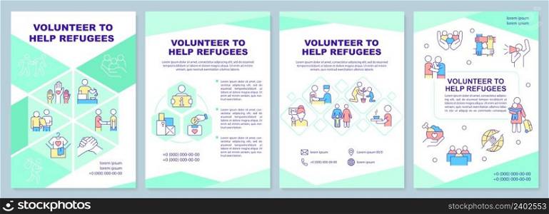 Volunteer to help refugees brochure template. Charity and care. Leaflet design with linear icons. 4 vector layouts for presentation, annual reports. Arial-Black, Myriad Pro-Regular fonts used. Volunteer to help refugees brochure template
