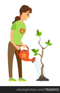 Volunteer woman holding watering-can and watering plant with leaves, environment caring, person standing with watering-pot and growing tree vector. Woman Watering Plant, Environment Caring Vector