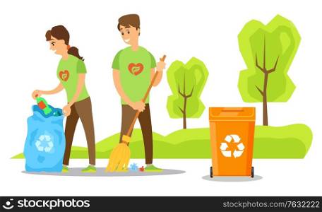 Volunteering and helping ecologically, man and woman wearing same tshirts busy with waste sorting and sweeping floor, bin container with logo. Vector illustration in flat cartoon style. Volunteers Cleaning Environment in Park Vector