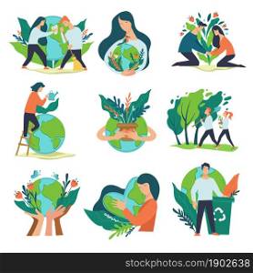 Volunteering and keeping planet clean. Signs and banners calling to care for earth and save it. Conservation of nature and resources, recycling and protection of flora. Vector in flat style. Recycling and caring for planet earth volunteering