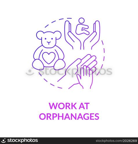 Volunteering at orphanages purple gradient concept icon. Charity help for kids. Support by donation, work abstract idea thin line illustration. Vector isolated outline color drawing. Volunteering at orphanages purple gradient concept icon