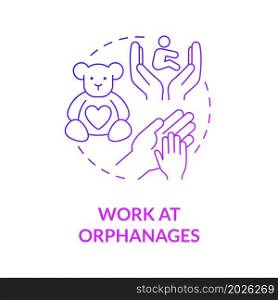 Volunteering at orphanages purple gradient concept icon. Charity help for kids. Support by donation, work abstract idea thin line illustration. Vector isolated outline color drawing. Volunteering at orphanages purple gradient concept icon