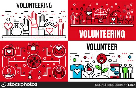 Volunteering banner set. Outline set of volunteering vector banner for web design. Volunteering banner set, outline style