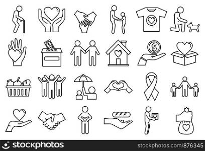 Volunteering charity icons set. Outline set of volunteering charity vector icons for web design isolated on white background. Volunteering charity icons set, outline style